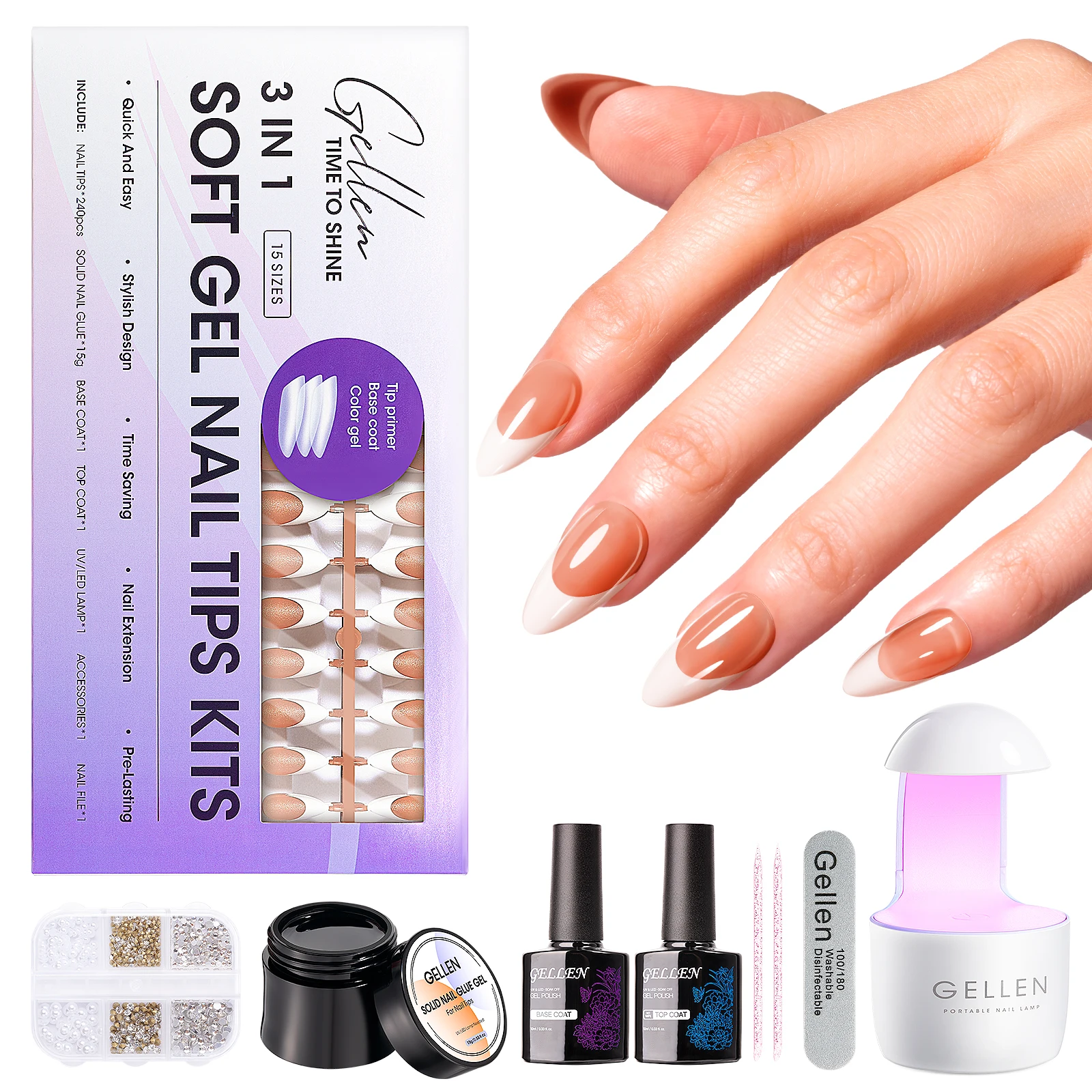 

Накладные ногти GELLEN Almond French Tip средней длины с клеем для ногтей, УФ-гелем, верхним и базовым покрытием, набор для домашнего маникюра DIY