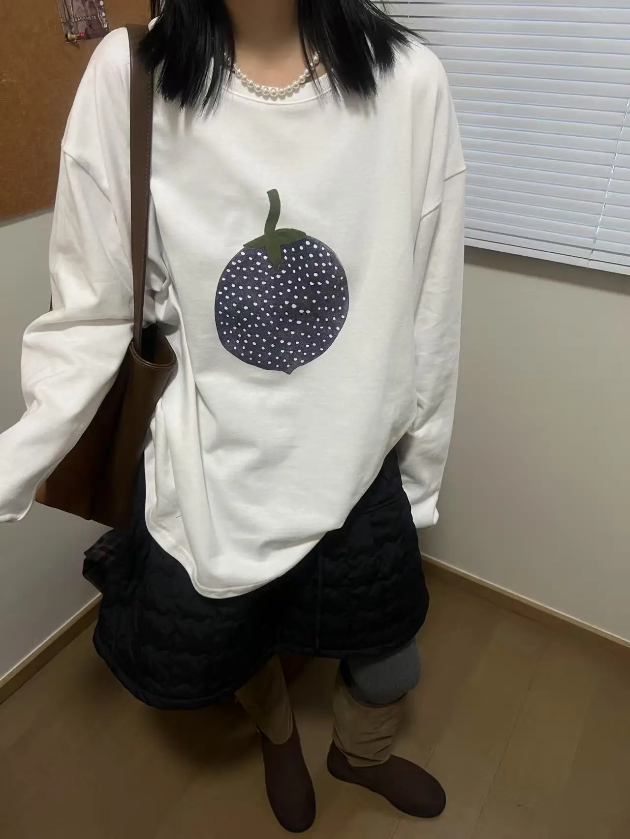 

Свободная женская футболка с длинным рукавом и фруктовым принтом, базовый слой, повседневная, осенне-зимняя, новый дизайн, Dongda Gate