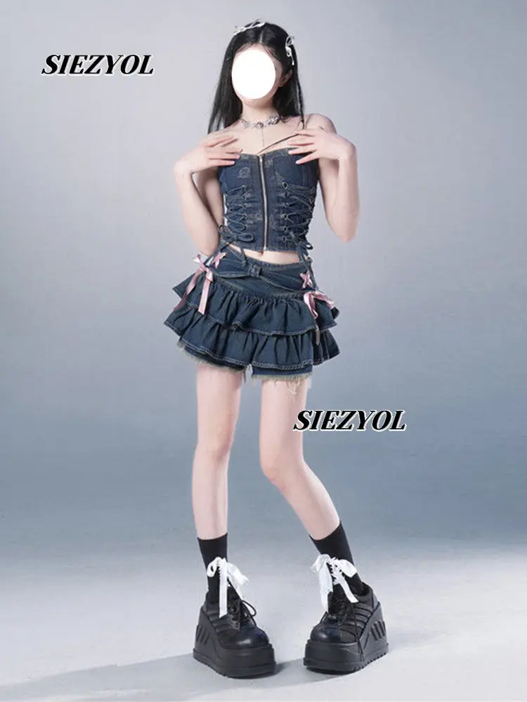 Y2k Millennial Style Denim mini Skirt Women's Summer Lotus Leaf Edge Sexy Hottie A- Line Cake Miniskirt Anti-light Short Skirts