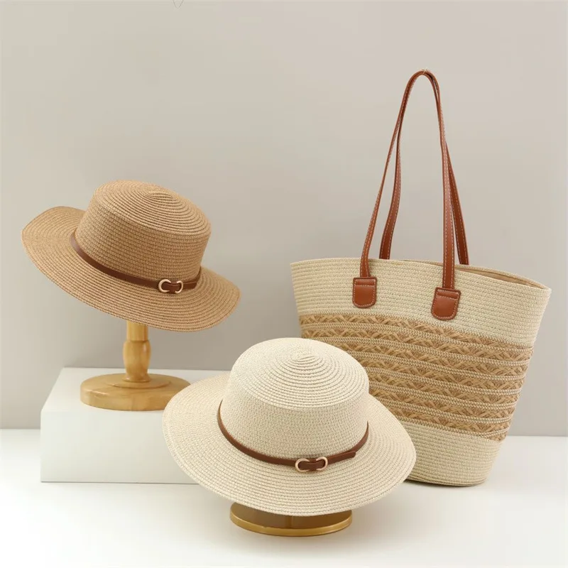 USPOP Summer 2-pieces Straw Hat and Bag Women French Flat Straw Hat with BeltLarge Capacity Straw Tote Bag for Beach Vacation