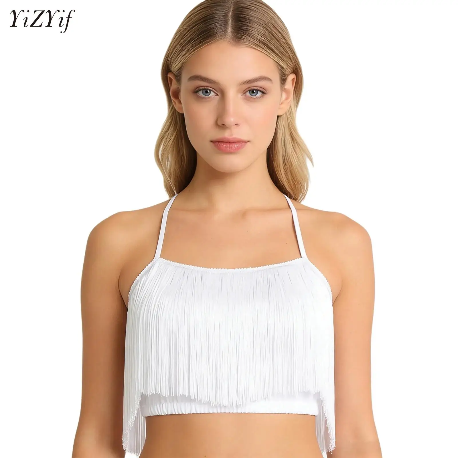 

Women's Latin Dance Costume Sequin Fringe Crop Top Belly Dance Performance Competition Tassels Outfit for Party Club Wear