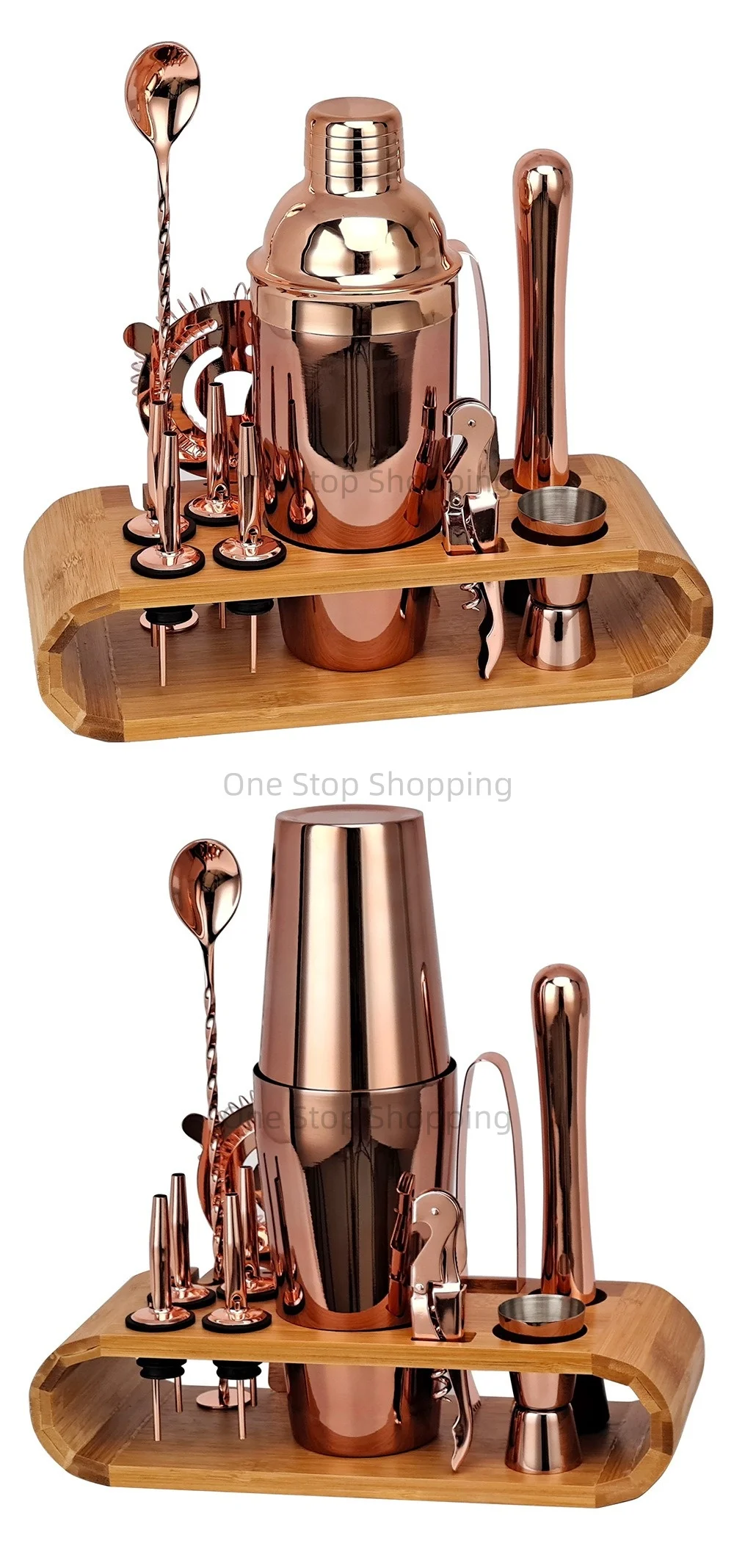 12PCS Cocktail Shaker Set Barkeeper Kit Bar Set Bambus Ständer Matini Shaker Rührlöffel Muddler Jigger Cocksrew für Barware Set – Detail 9