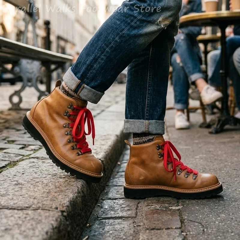 Botas de senderismo retro para hombre, con suela gruesa y diseño de tacos, con cordones y anilla en forma de D, botines con cordones en color rojo contrastante, ideales para actividades al aire libre, montaña, trabajo, uso militar y uso casual.