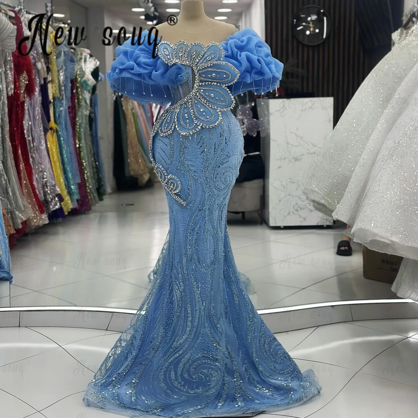 Gorgeous Ruffled Blue Prom Dress Off Shoulder Beaded Mermaid 3D Leaf Design Wedding Party Gowns Fashion Celebrity Dresses Custom