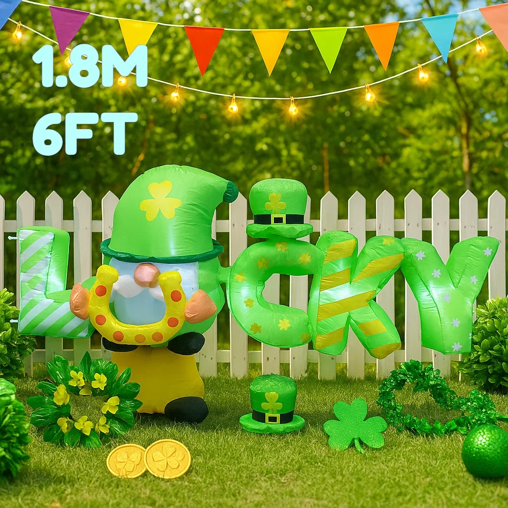 

6FT Inflatable Gnome Decoration Lucky Green Shamrock Balloon Set Leprechaun Hat Gold Coin Ornaments Party Outdoor Supplies