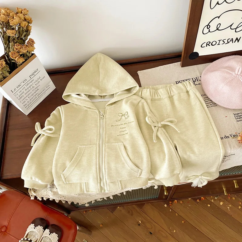 

Children Set 2025 Spring Autumn New Hooded Korean Casual Set Bow Zipper Hoodies Pant Two Piece Set Children Clothing