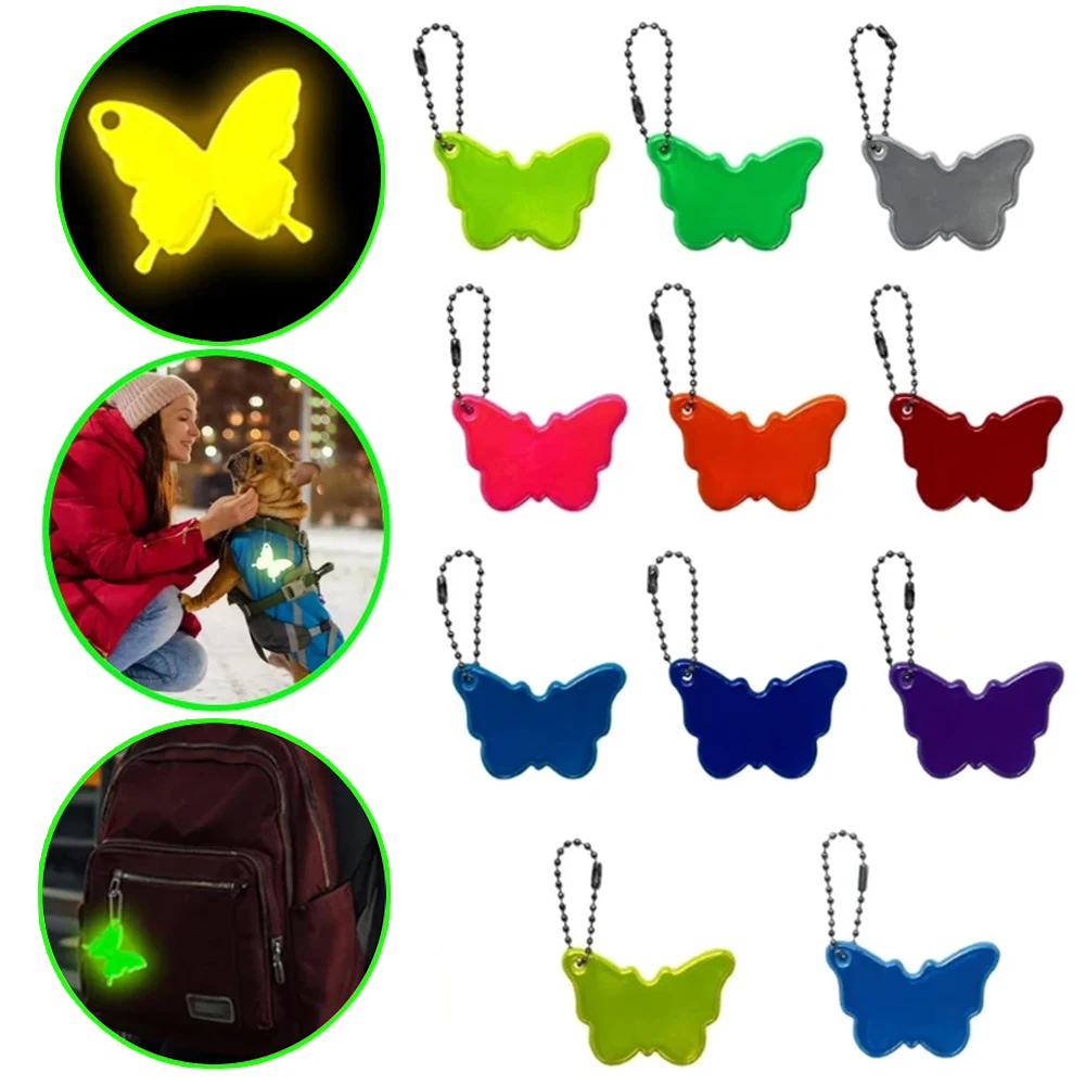 

5PCS Nighttime Safety Reflective Butterfly Keychain Cool Eye-catching Weatherproof PVC Backpack Charms Safety Alert Charms