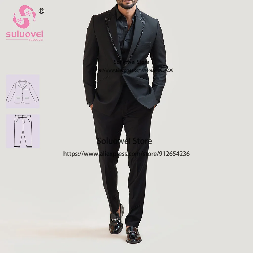 

Luxury Beaded Chain Decoration Collar Suits For Men Slim Fit 2 Pieces Jacket Pants Set Formal Grooms Wedding Shawl Lapel Tuxedos