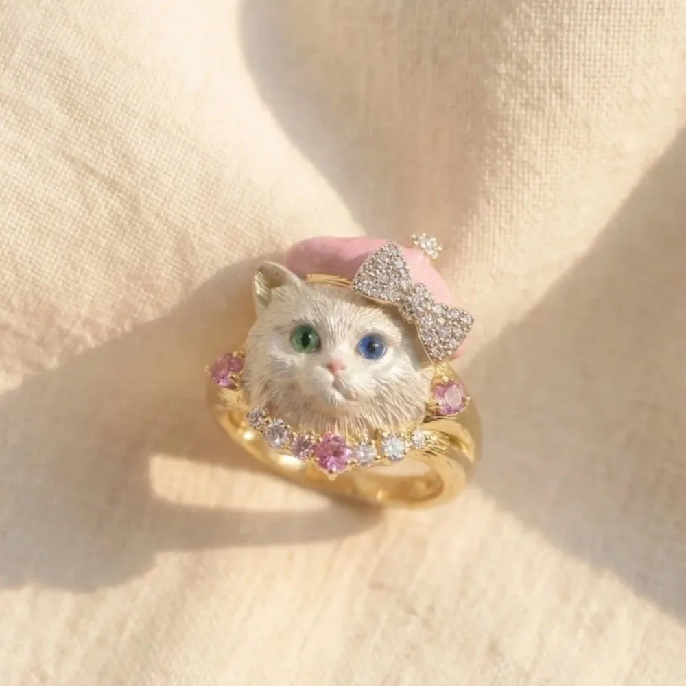 Cute Exquisite Cat Ring Mini Matte Brushed Finish Pet Ring Adjustable Sweet Animal Jewelry Girlfriend Gift