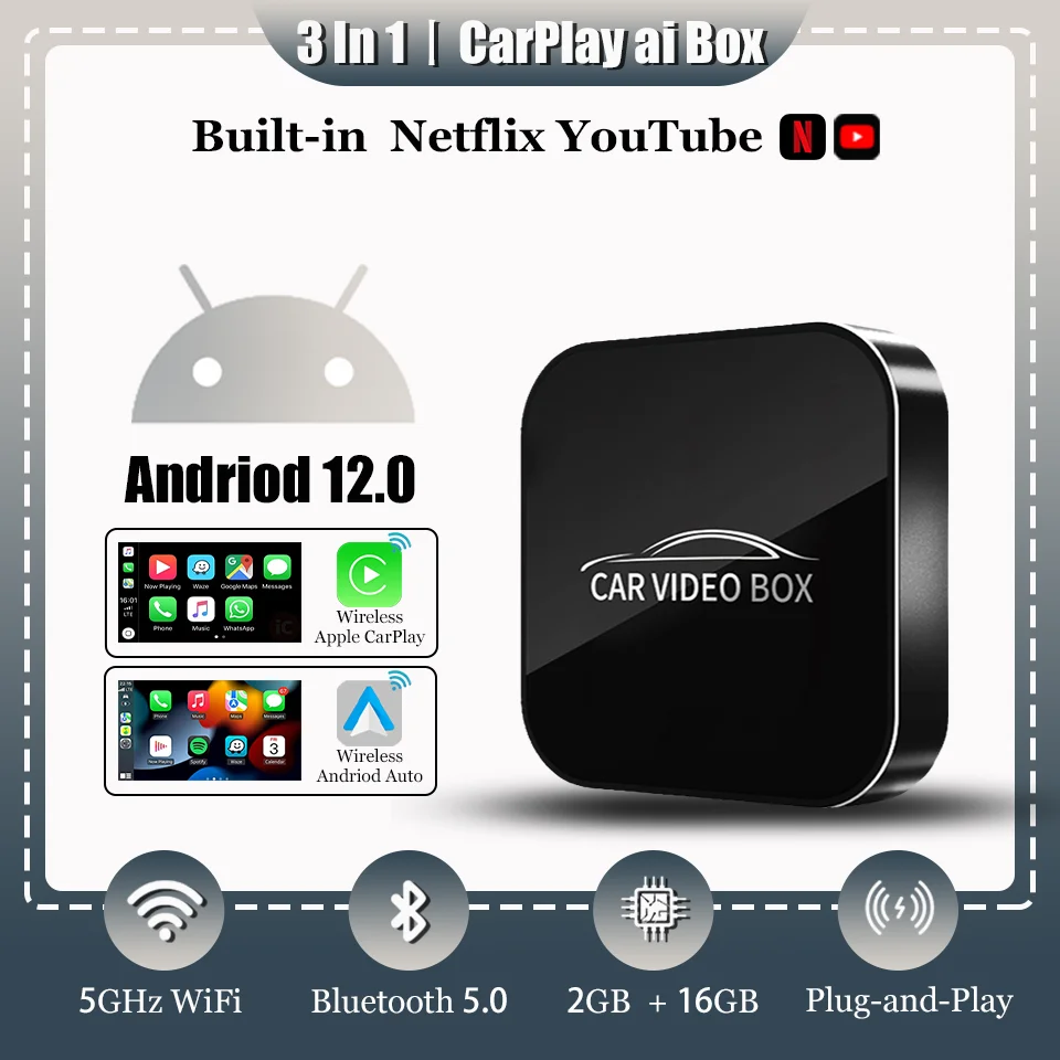 New Carplay Ai Box Android 13.0 Smart TV Box Wireless Android Auto & Apple CarPlay Adapter For VW Toyota Mazda Ford Skoda Kia