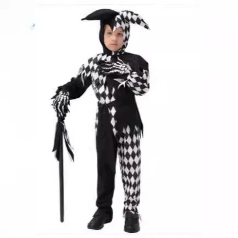 Boys Clown Cosplay Costume Kids Joker Halloween Costumes For Boys Black And White Clown Accessories Fun Children Holiday