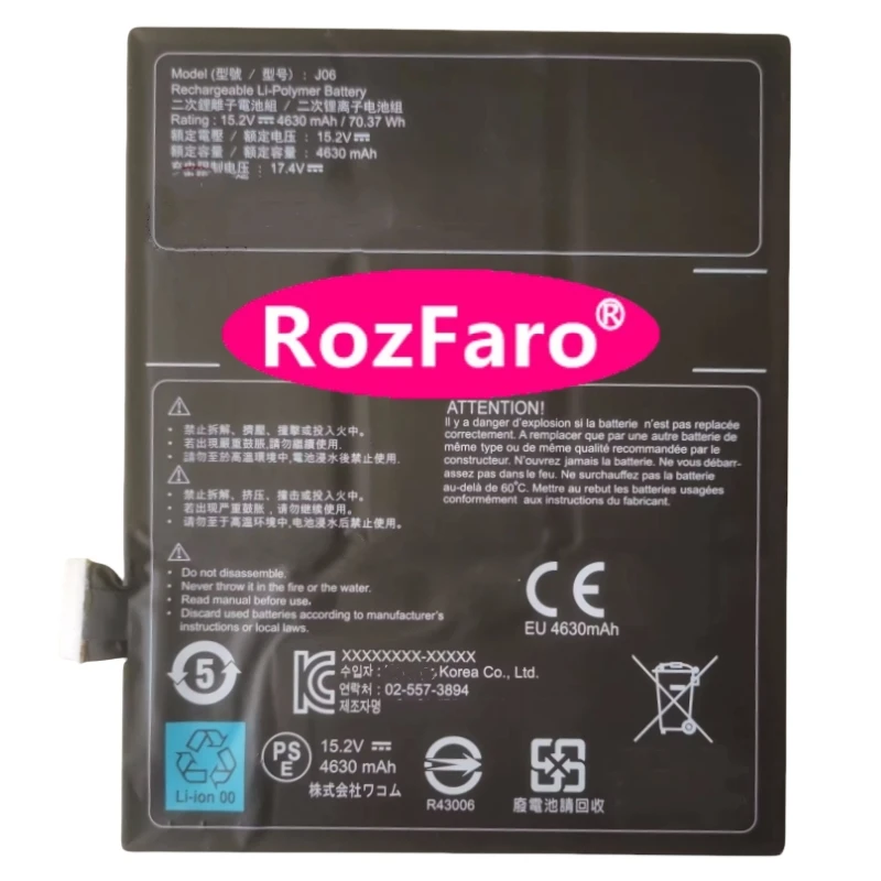 

RozFaro J06 For Wacom MobileStudio Pro 16 DTH-W1621 15.2V 70.37Wh 4630mAh Laptop Battery Painting board Tablet PC