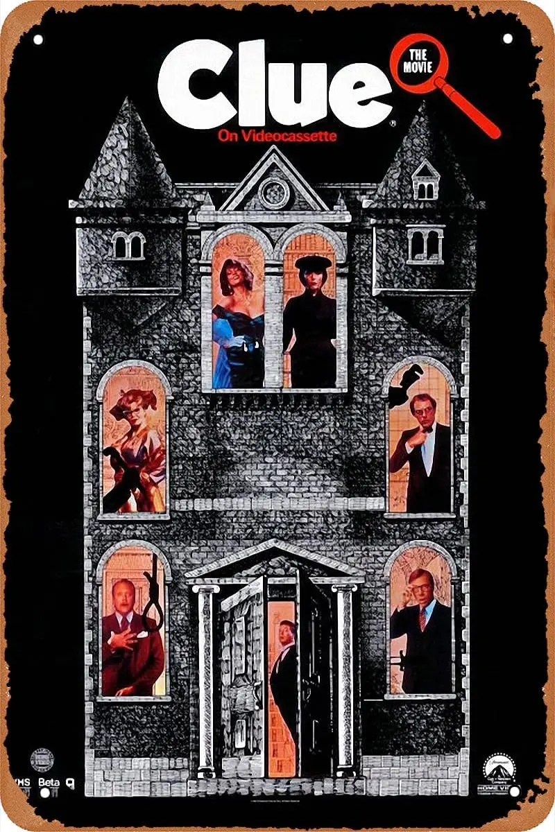 Affiche de film Clue (1985) – Plaque métallique rétro vintage pour café, bar, garage, décoration murale, cadeau – 12 x 8 pouces