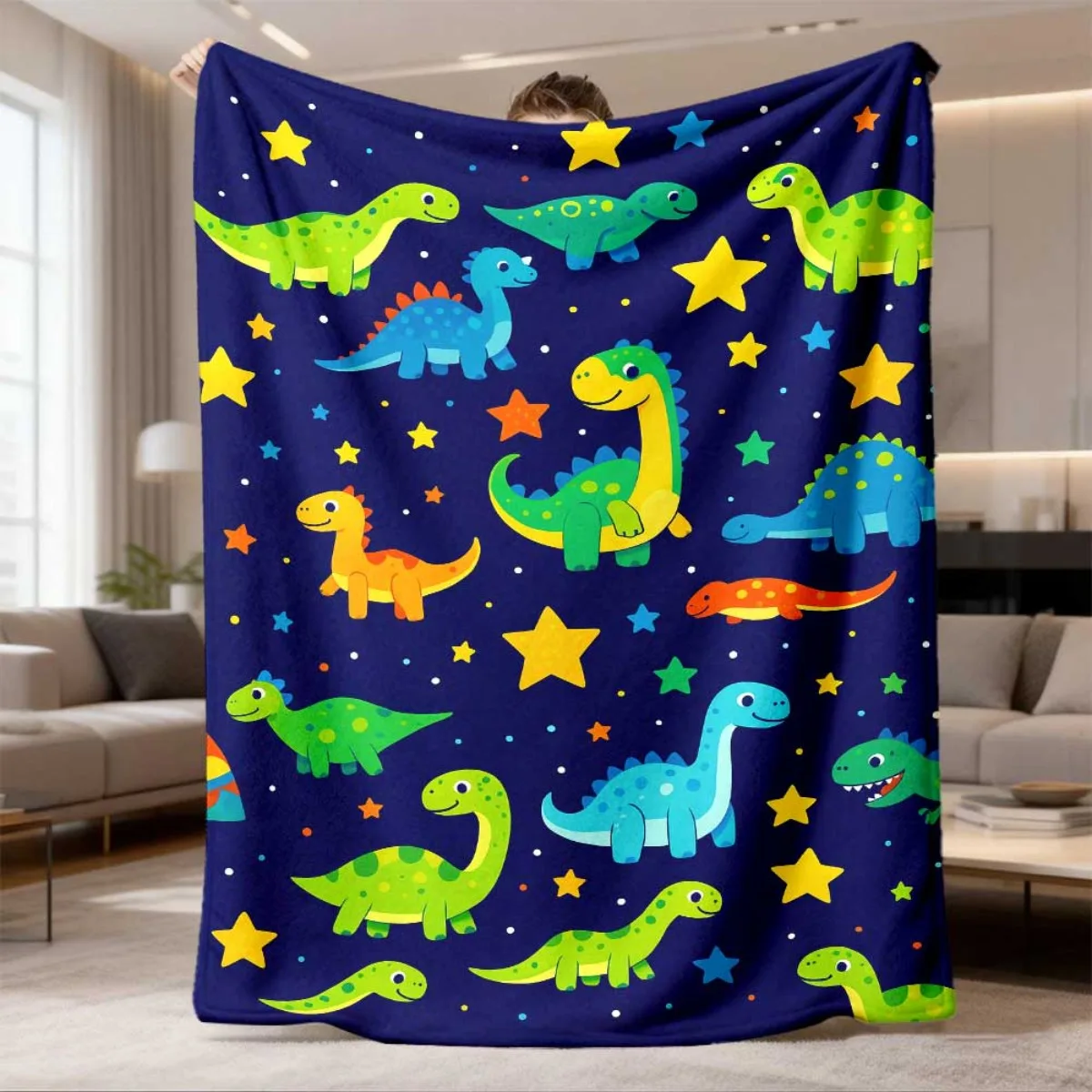 2026 New Arrival Flannel Blanket 1pc Cosmic Space with Stars Art Blanket - Vibrant Dinosaur Design, Lightweight Flannel Throw fo