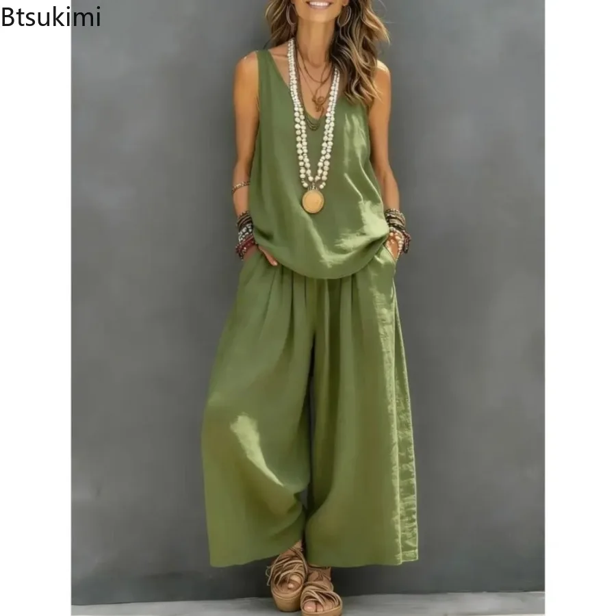 

2026 New Casual Cotton Linen Vest Trousers 2-piece Sets for Women Summer Fashion Loose Retro Simple Vacation Wide-leg Pant Sets
