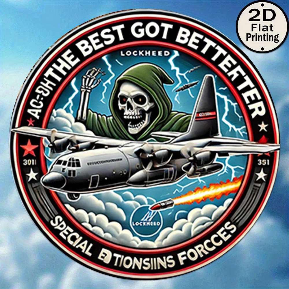 قطعة واحدة من لوحة القصدير المعدنية المستديرة مقاس 8 × 8 عتيقة - تصميم شارة القوات الخاصة مع عمل فني عسكري من Lockheed C-130 Hercules، مسطح ثنائي الأبعاد #1