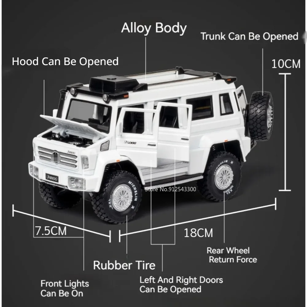 1/28 Scale UNIMOG U5000 Car Model Toy Metal Body Sound Light Doors Opened Off Road Vehicle Toys Collection for Birthday Gifts