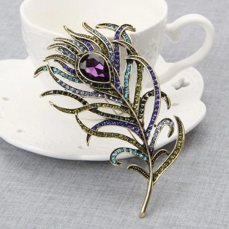 Peacock Feather Jewelry Vintage Golden Multi-color Rhinestone Brooch Pins Fashion Accessories Jewelry Gifts