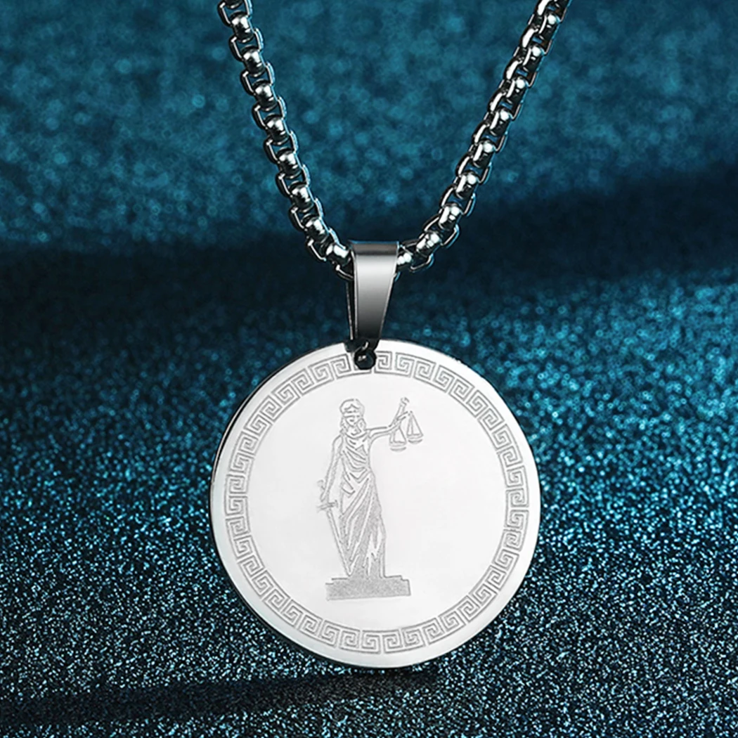 Men's Necklace Stainless Steel Themis Titaness of Divine Law and Order Pendant Women Round Amulet Protection Best Friend Jewelry