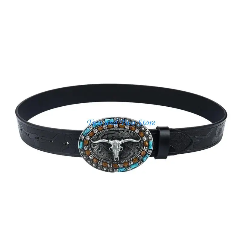 HX6F الإغاثة حزام الخصر رئيس الثور النمط الغربي حزام قابل للتعديل للرجل الجينز الديكورات #1