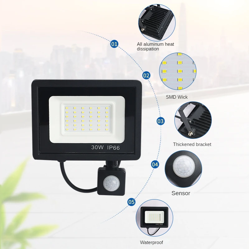 PIR Motion Sensor LED Flood Light 220V Waterproof Spotlights 30W 50W 100W Wall Lamp Reflector Outdoor Lighting for Garden Street