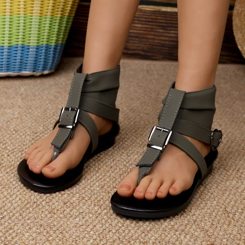 صنادل رياضية نسائية 2025 الصيف كليب أصابع الصنادل الرومانية المسطحة الدنيم حزام مشبك عالية أعلى العظام الإنسانية أحذية نسائية #4