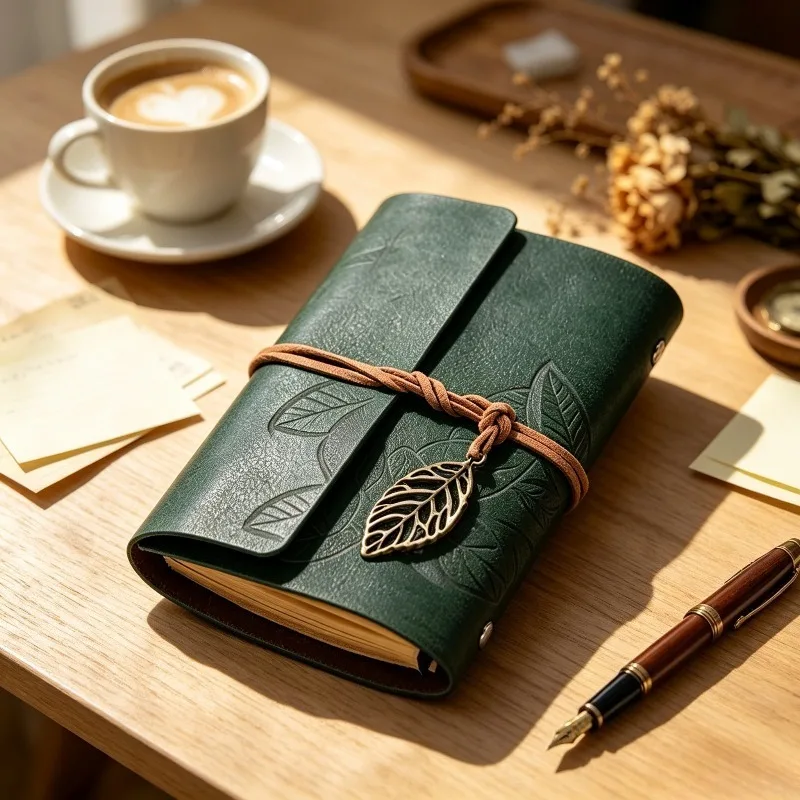 Vintage Leaf Embossed Loose‑Leaf Journal, Pocket‑Size Sketchbook with Pendant & Gift Tag, Travel Diary for School & Office view 2
