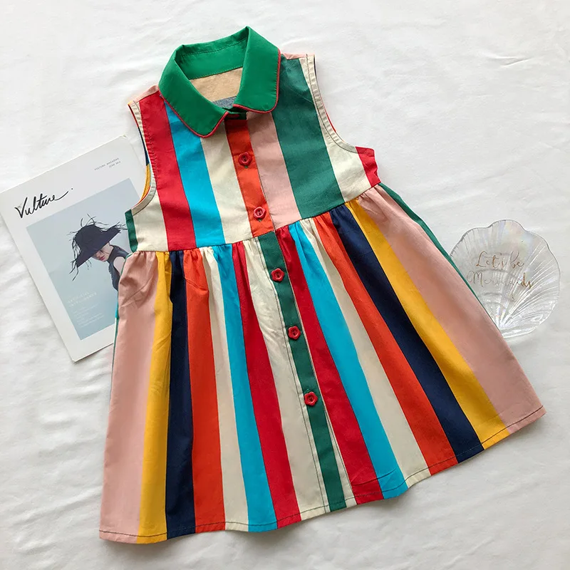 2-8T Rainbow Girls Striped Dress Elegant Toddler Kid Baby Girl Summer Clothes Sleelveless T Shirt Dress Streetwear Outfit