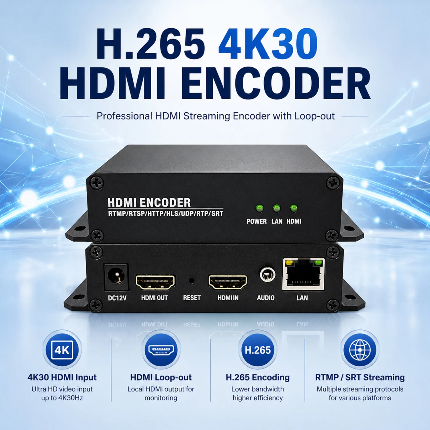 H.265 H.264 MJPEG HDMI Loop Out RTMP SRT HLS RTSP ONVIF Audio Encoder Live Stream IPTV Encoder,4K30 HDMI Video Encoder