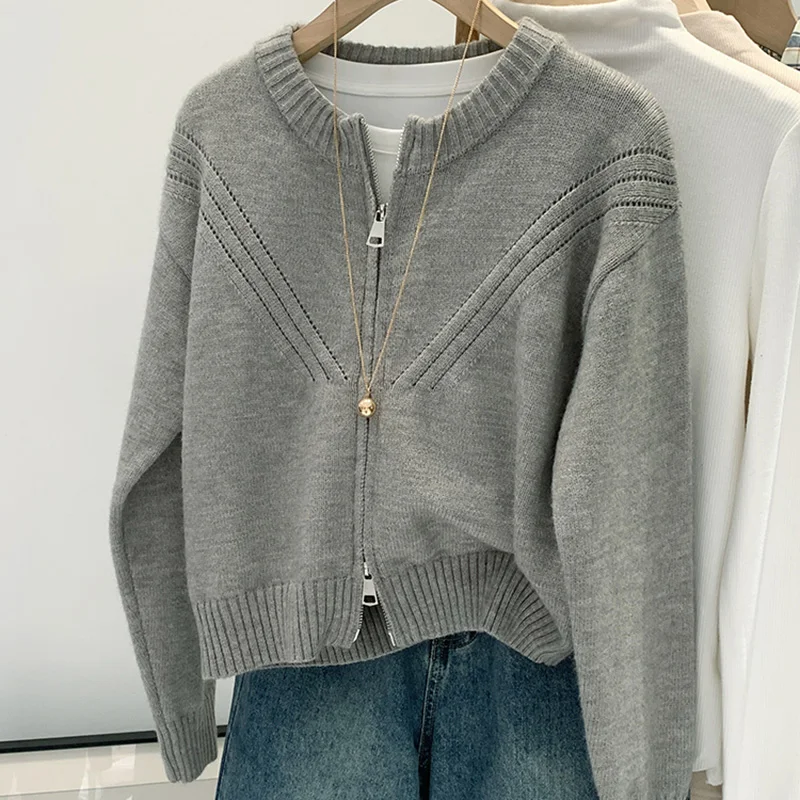 

Unique Grey Knitted Sweater Autumn Winter High-grade Cardigan Jacket Daily Commuter Round Neck Zipper Knitwear For Women