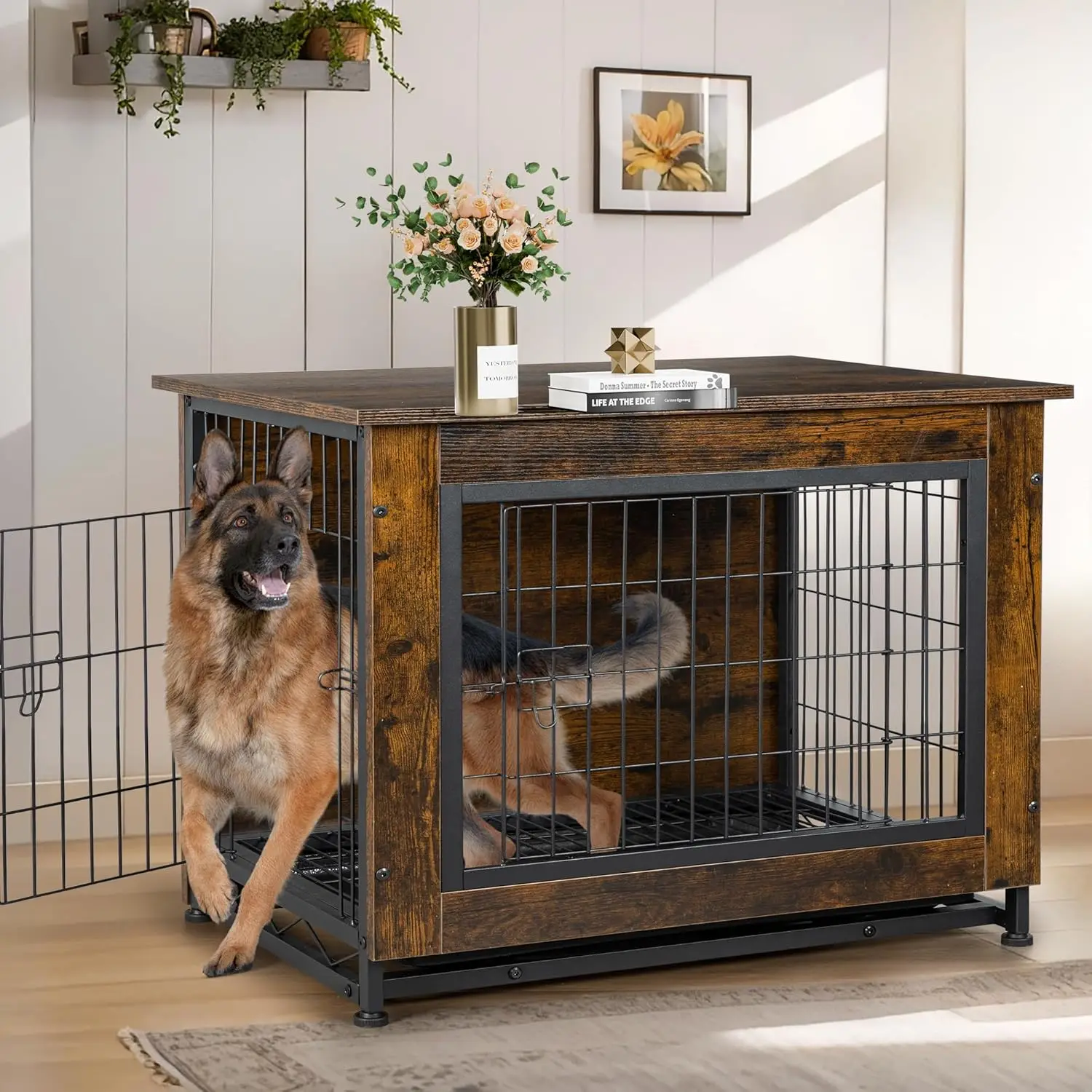 أثاث صندوق الكلاب، طاولة خشبية للكلاب، أثاث للكلاب بأبواب مزدوجة، بيت للكلاب الداخلي، قفص للكلاب/بني/XL
