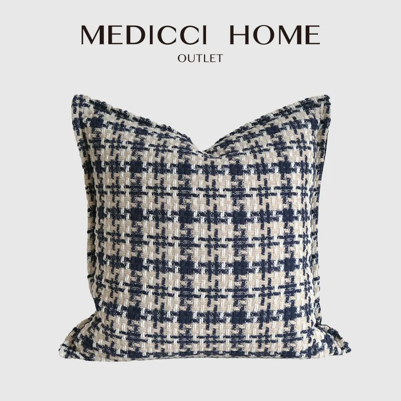 Medicci Home Blue Cream And Taupe Houndstooth Patterned Throw Pillow Cover Luxe Stylish Cushion Case Timeless Touch To Any Space