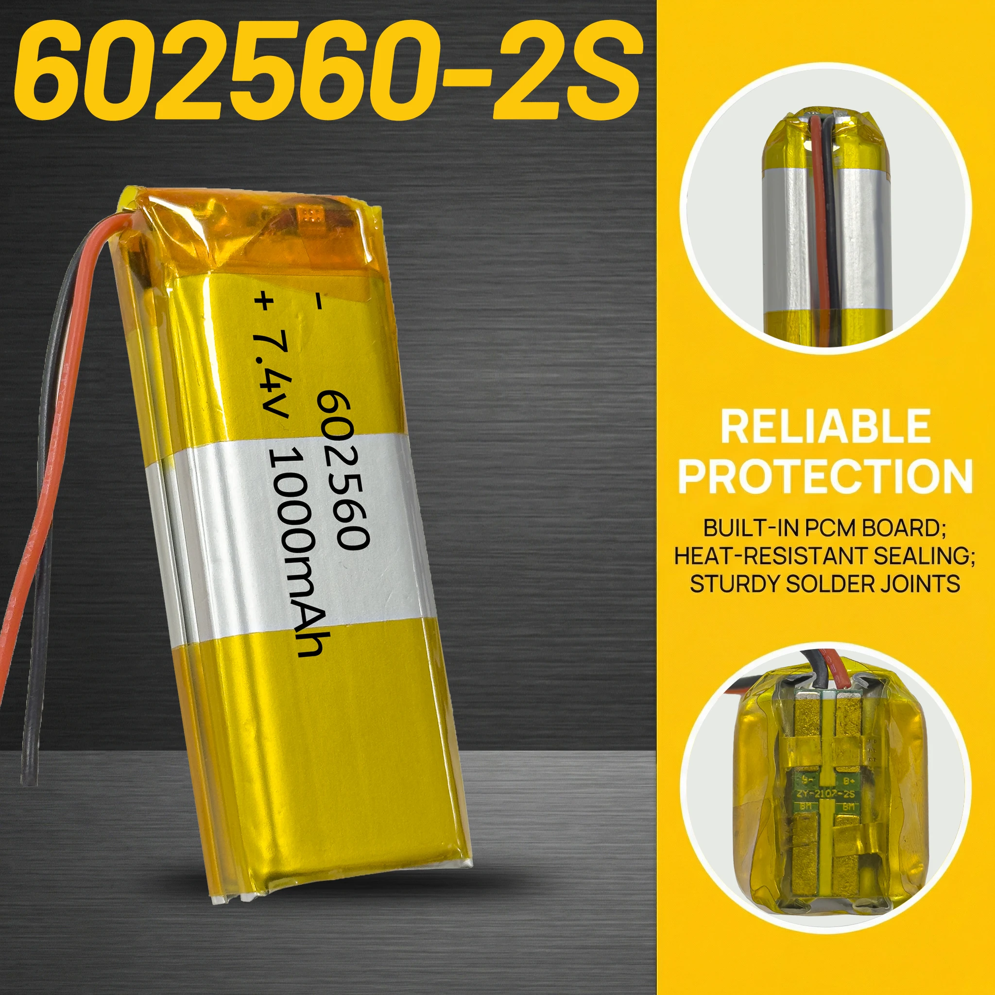 602560-2S 7.4V 1000mAh polymer lithium battery with full capacity built-in battery+PH2.0 XH2.54 JST1.25 plug