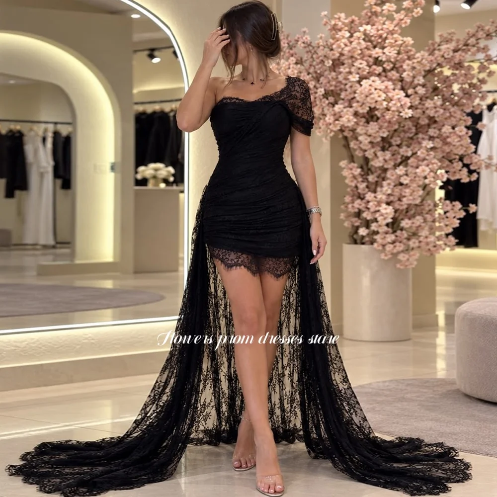Flowers Black Evening Dress with Lace High Low Prom Dress One Shoulder Formal Occasion Dress vestidos de fiesta Customized