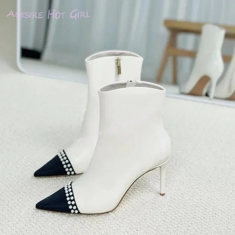 Black Patent Leather Pearl Shell Stiletto Boots Women Elegant Side Zipper British Style White Pointed Shoes Versatile Elegant