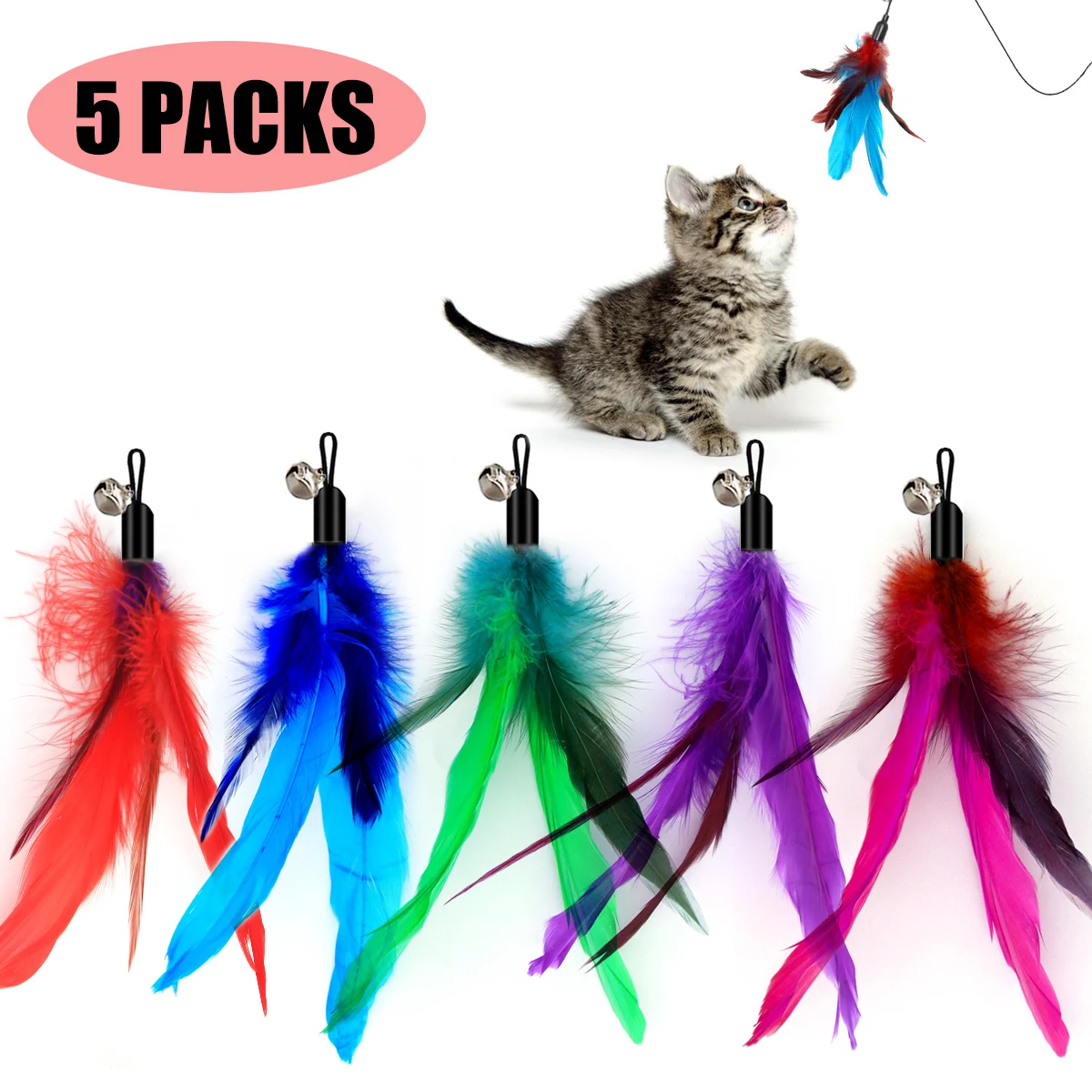 5Pcs Cat Feather Toys Interactive Toys Teaser Refill Replacement Feather with Bell for Kitty Kitten Scratching Exercise Indoor