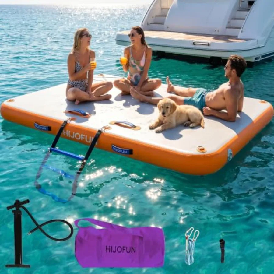Inflatable Floating Dock Mat For Lake Beach Pool Use, PVC Material, Blue, 6 Inch Thick Stable Non-Slip Surface With Storage Bag