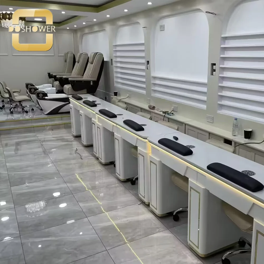 白赤ベントマニキュアネイルテーブルペディキュアダブルキャビネットネイルテーブルサロン耐久性のある高級マニキュアテーブルサプライヤー