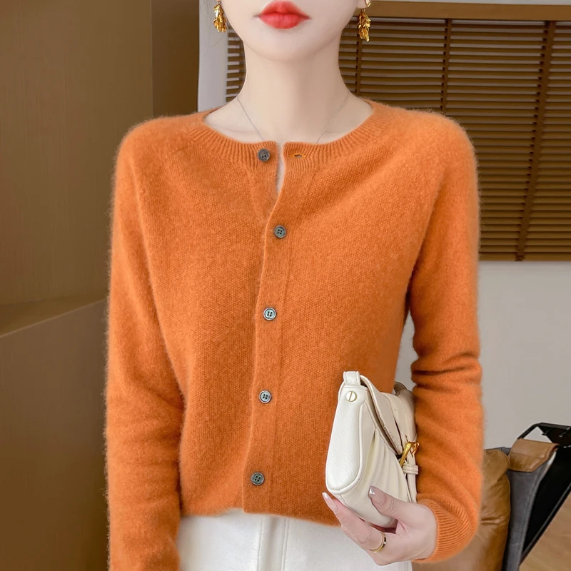 100% Merino Wool Women Sweater Knitted Cashmere Cardigan Basic Knitwear Fashion Spring Autumn Female O-Neck Clothing Tops