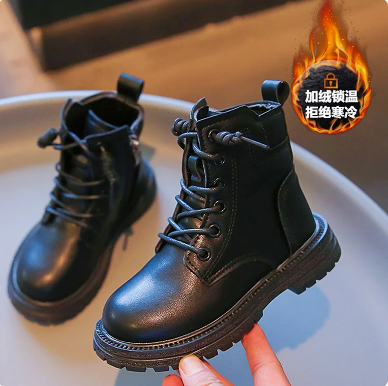

Kids Leather Chelsea Boots Waterproof Non-slip Autumn Winter Plush Warm Snow Boots Children Casual Sneakers Fashion Shoes Girls