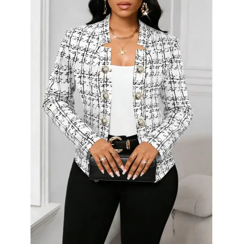 Fashionable Plaid Slim Fitting Breasted Small Suit Jacket, Fashionable and Versatile Long Sleeved Women's Jacket