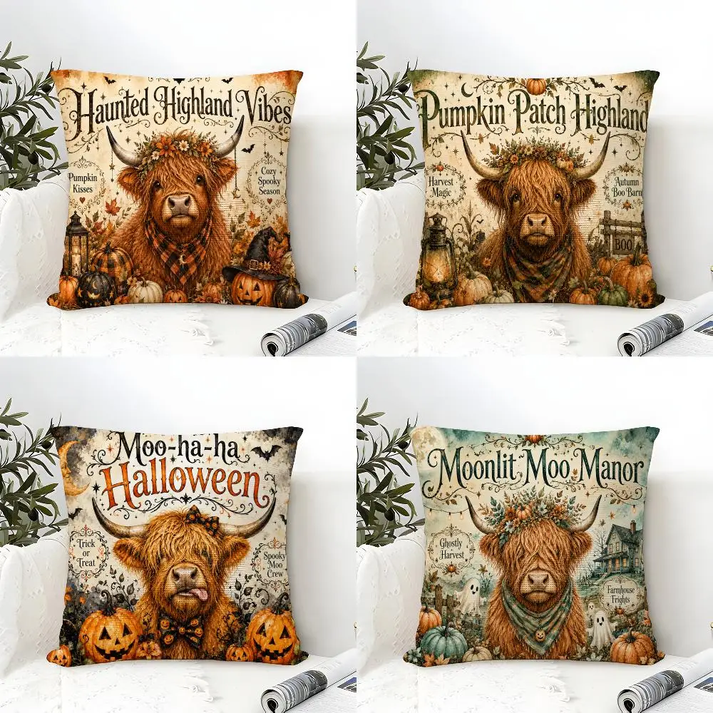 Highland Cow Boo Halloween Cushion Cover Natural Linen Organic Fabric Double-Sided Printing Breathable Perfect Gift For Decor