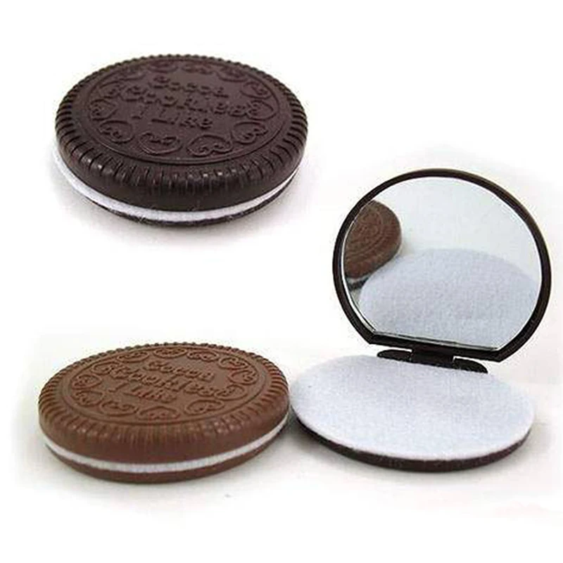 Miroir de maquillage pliant rond pour femme, biscuit au chocolat, Ins Kawai, miroirs de poche extérieurs, petit miroir de cacao avec peignes, café noir