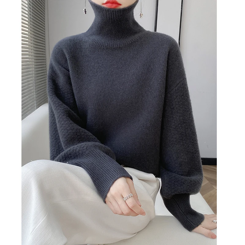 New women\'s sweater in autumn and winter 100% merino wool sweater turtleneck cashmere sweater 7-pin thick warm casual top.