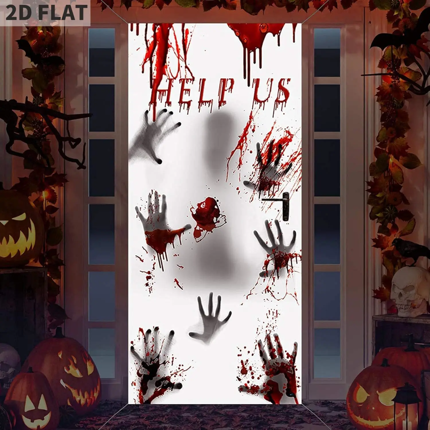 Halloween Window Door Cover, Help Us Quotes Bloody Handprint Door Banner Blood Dripping Splatters Scary Decor, Polyester frabic