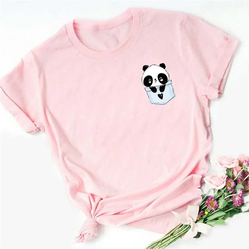 Maycaur Summer Women T Shirt Loose Tops Cute Panda Heart Print Short Sleeve Female Loose Casual T-shirt Ladies Top Tee