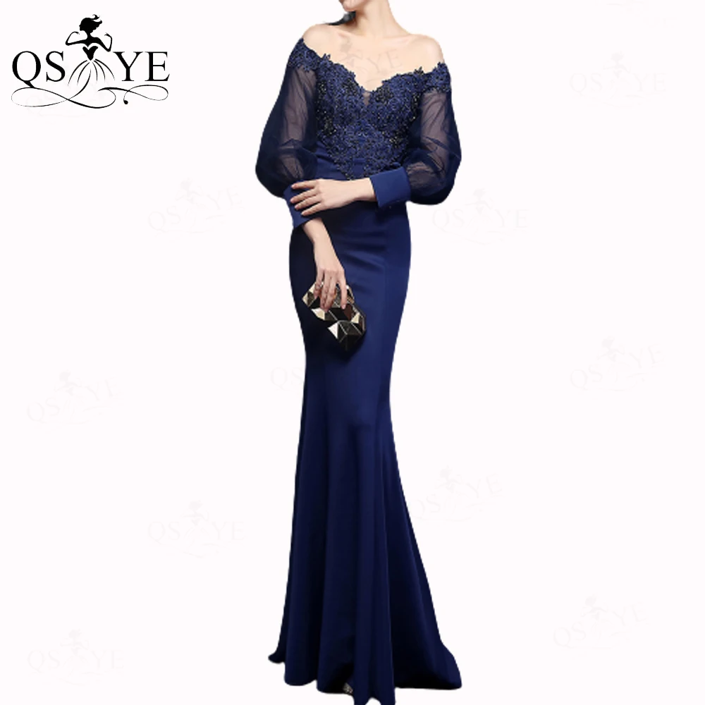 Gaun Prom Navy Gaun Malam Lengan Tulle Panjang Gaun Formal Satin Elastis Gaun Pesta Applique Renda Gaun Elegan Tanpa Bahu