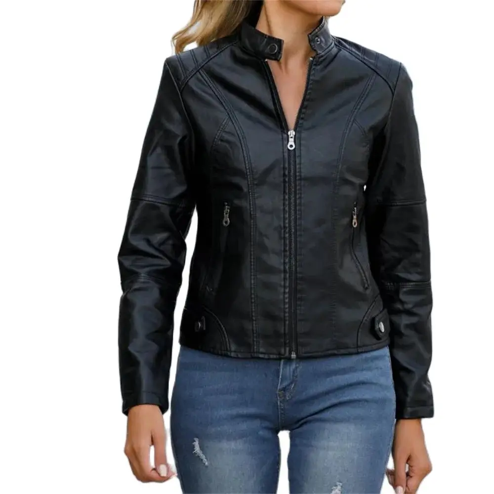 Chaqueta de cuero marrón con cremallera para mujer, abrigo de color rojo, negro, albaricoque, café, otoño y primavera