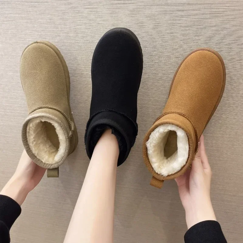 New Snow Boot Style Short Mini Winter Sheepskin Boots Women Waterproof Natural Wool Ankle Boots Fur Lined Ankle Warm Flat Shoes