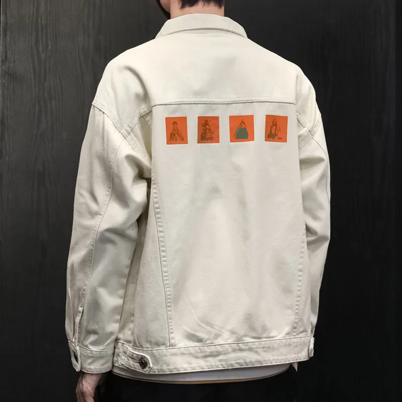 

Винтажная джинсовая куртка с принтом для мужчин, повседневная джинсовая куртка в японском ретро-стиле с надписями, большие размеры, осень-весна, хипстерский стиль